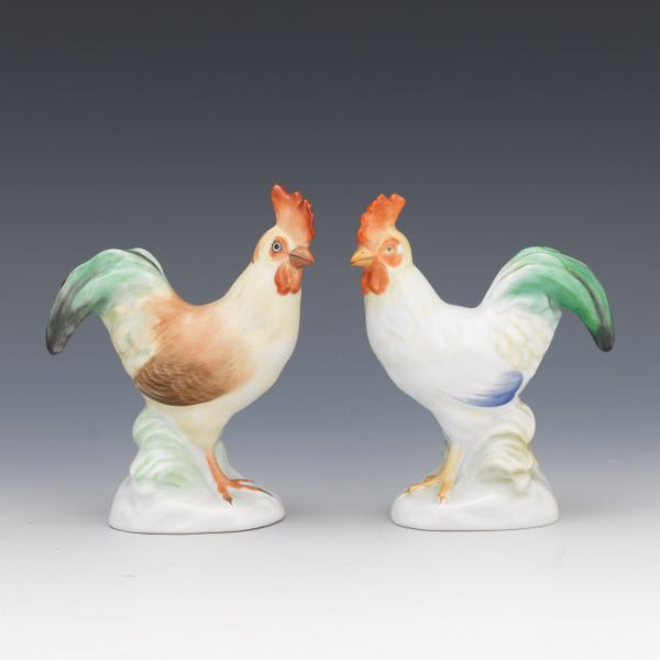 TWO HEREND PORCELAIN ROOSTER AND HEN