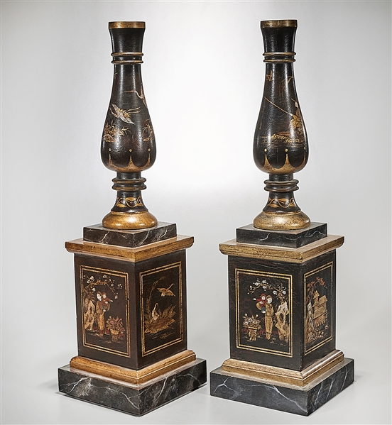 Pair of Chinese painted wood candlesticks  2aee68