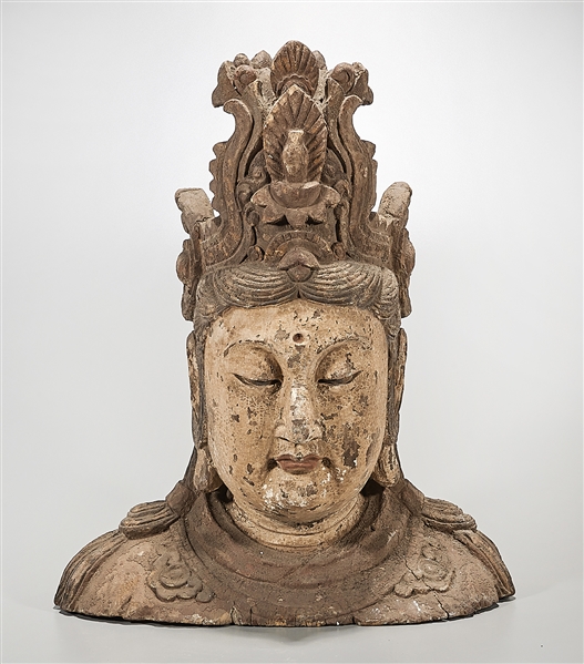 Chinese carved wood head of Guanyin;