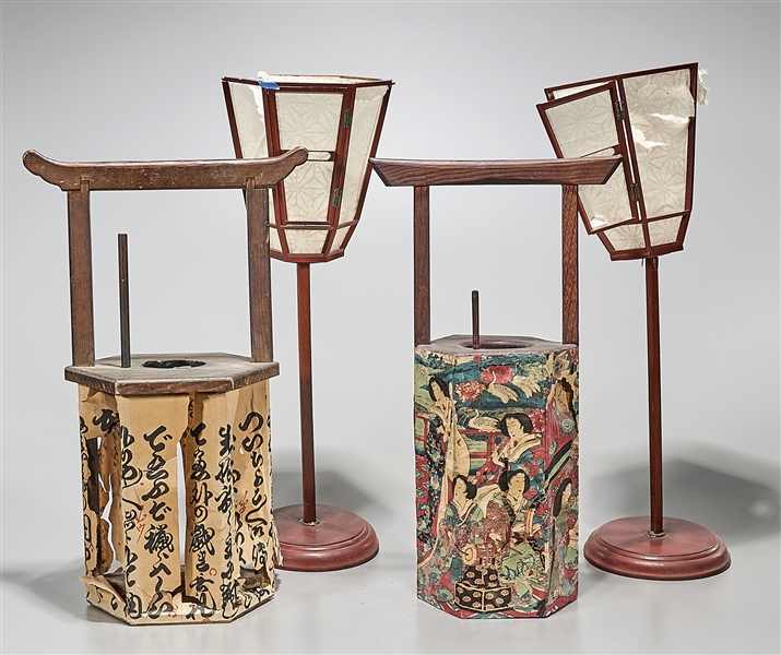 Four Japanese wood and paper lamps;