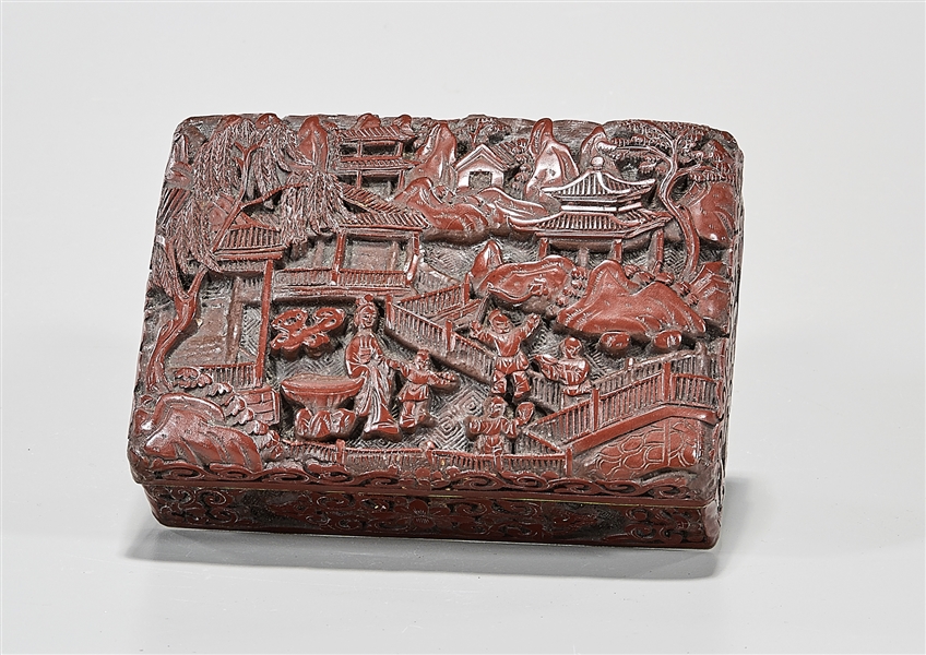 Chinese carved wood covered hinged-lid