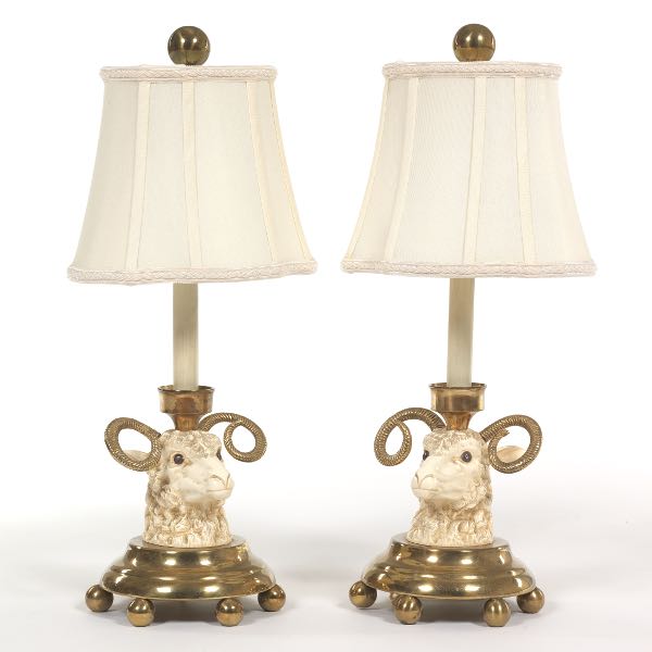 PAIR OF PORCELAIN AND BRASS RAM'S