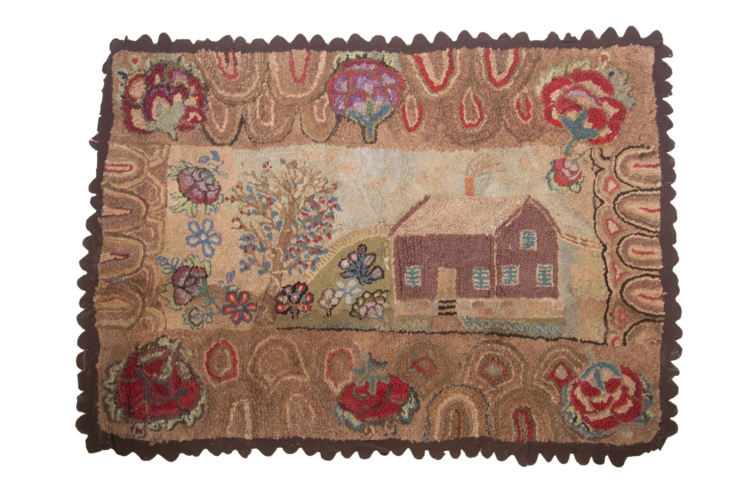 FOLK ART HOOKED RUG WITH COTTAGE 2b1a85