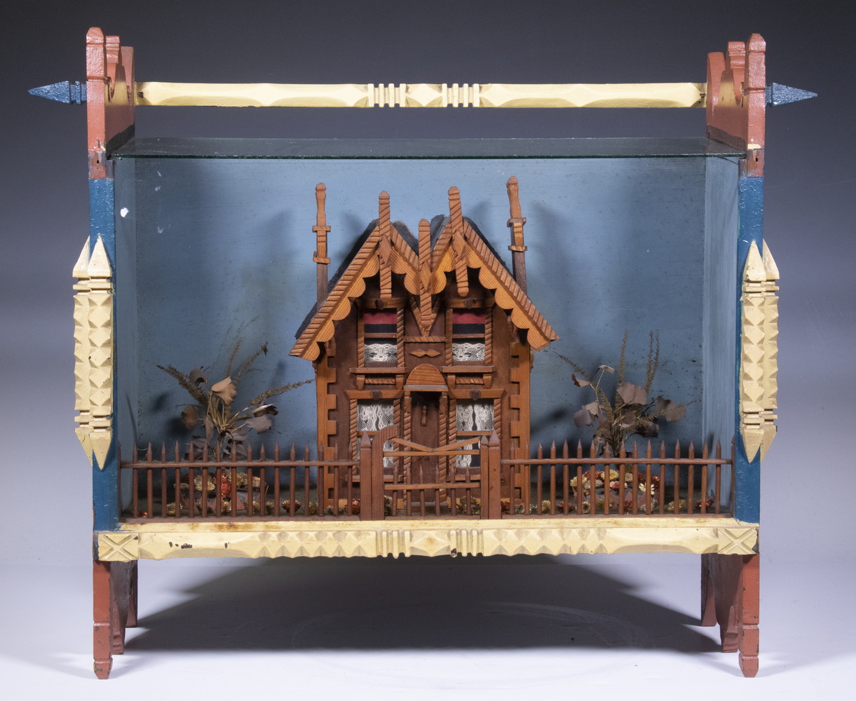 FOLK ART MODEL HOUSE IN TRAMP ART CASE