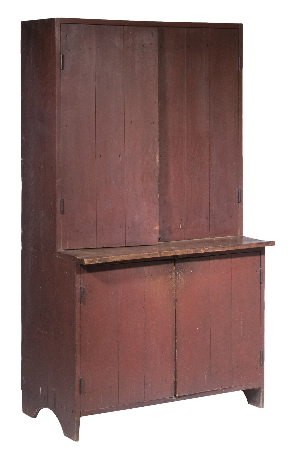 RED PAINTED PINE STEPBACK CUPBOARD,