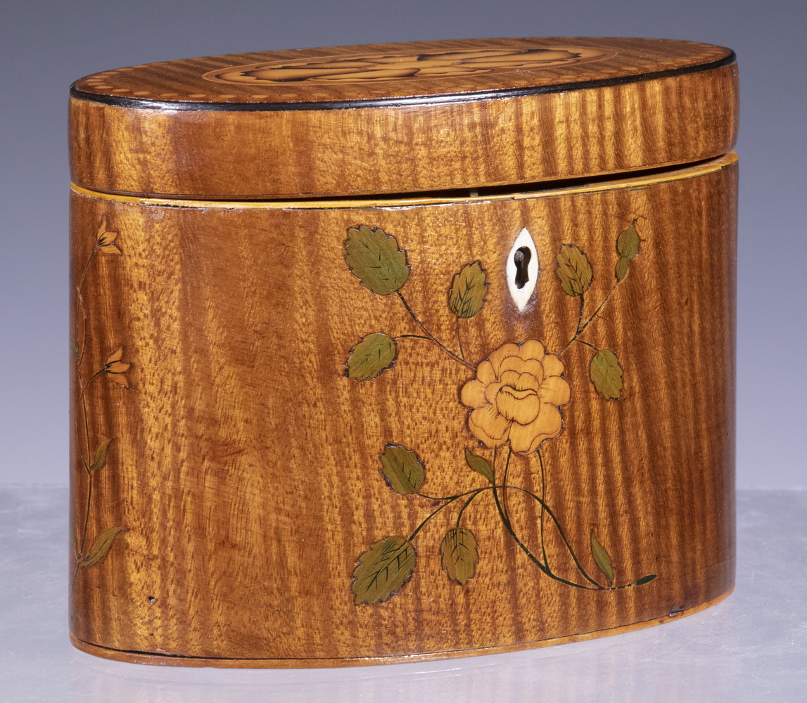 SATINWOOD MARQUETRY TEA CADDY 19th 2b1b68