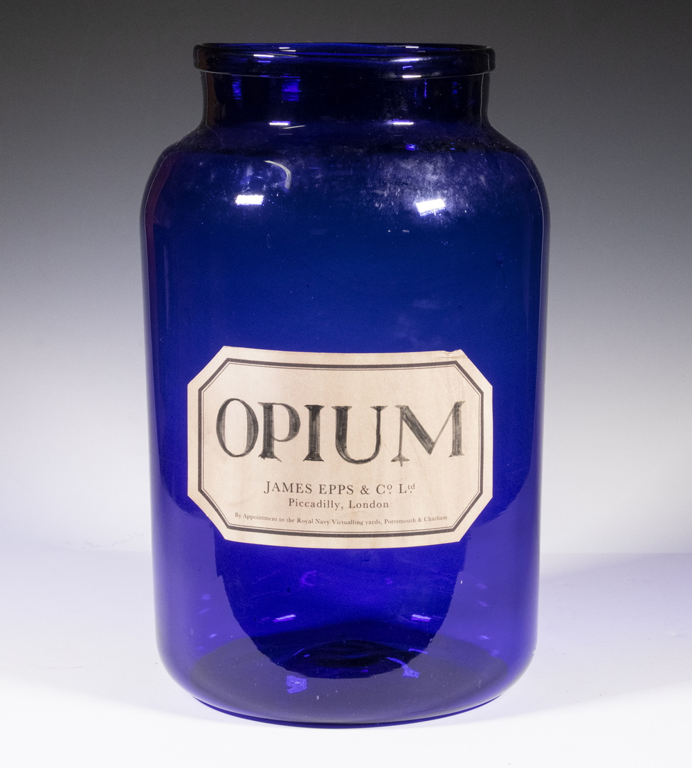 LARGE BLUE GLASS APOTHECARY JAR OPIUM