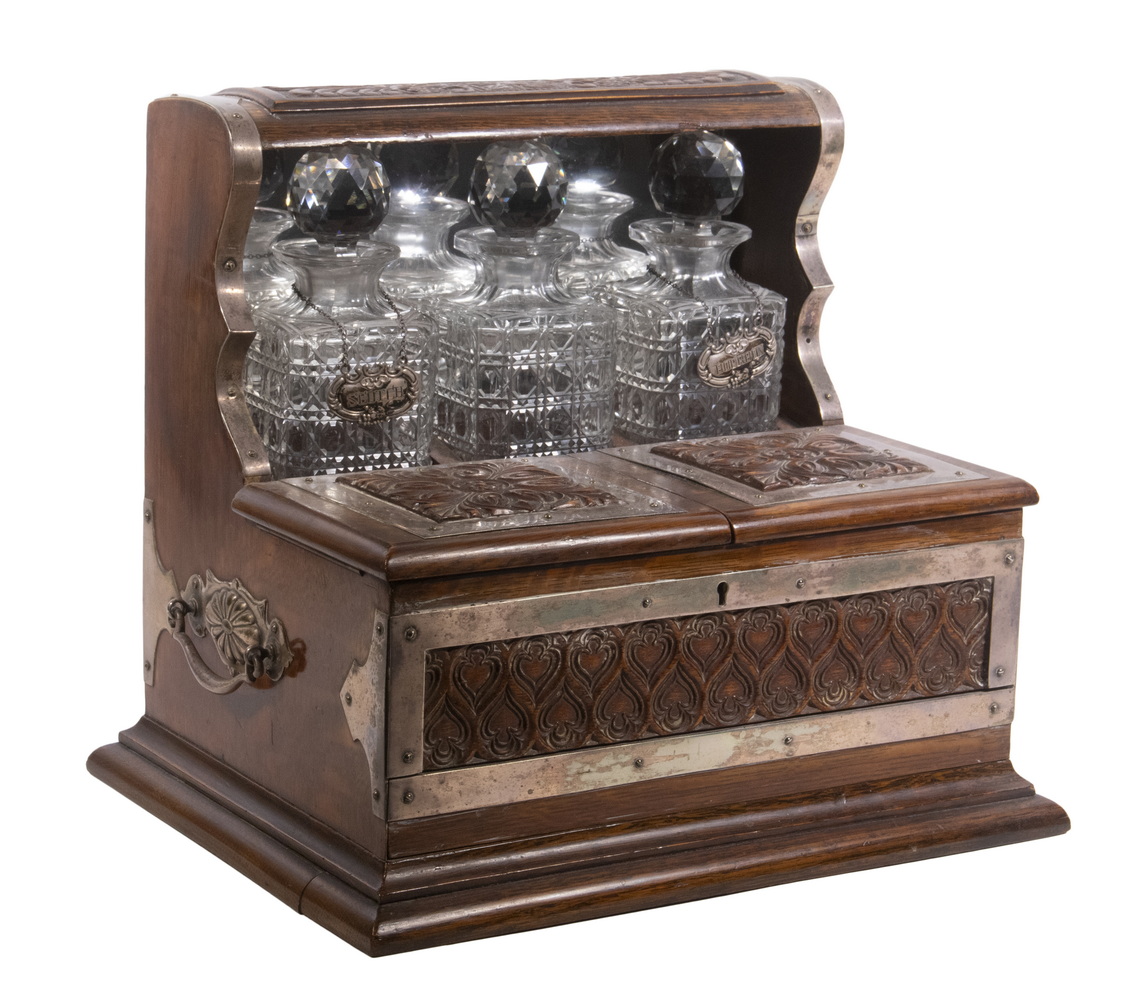 OAK CADDY WITH CUT CRYSTAL DECANTERS