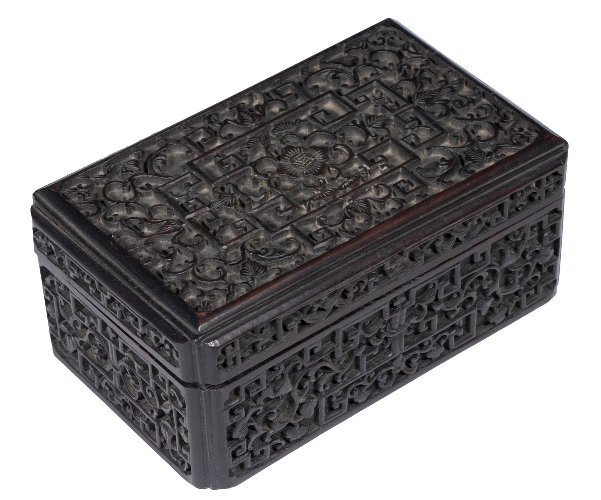 CHINESE CARVED ZITAN WOOD BOX 19th