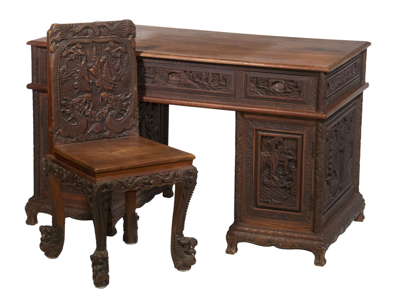 CHINESE CARVED MAHOGANY DESK &