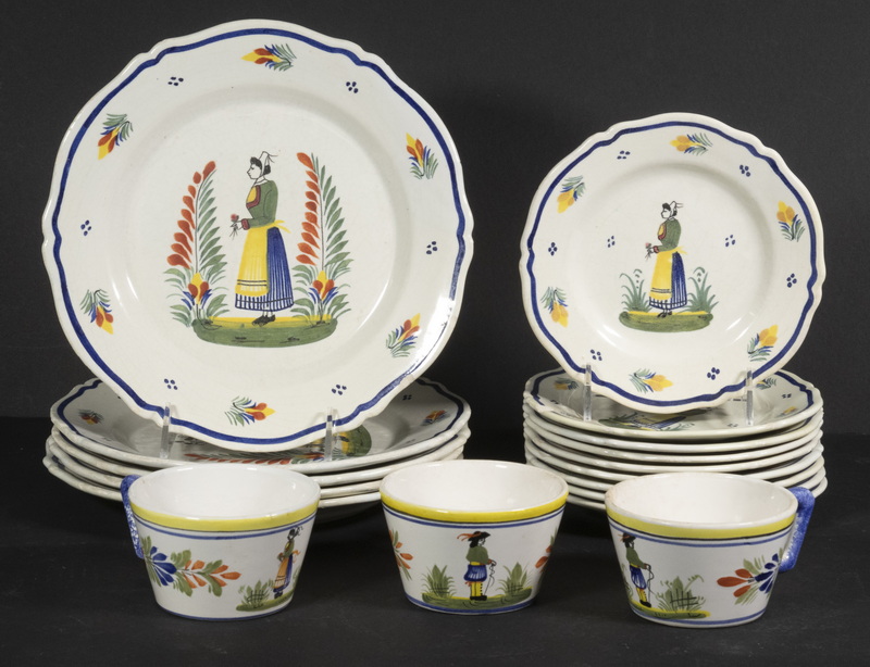 (17 PCS) QUIMPER BRETON FAIENCE DISHES