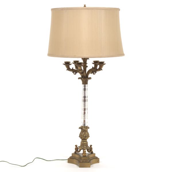 EMPIRE STYLE BRONZE AND CRYSTAL LAMP