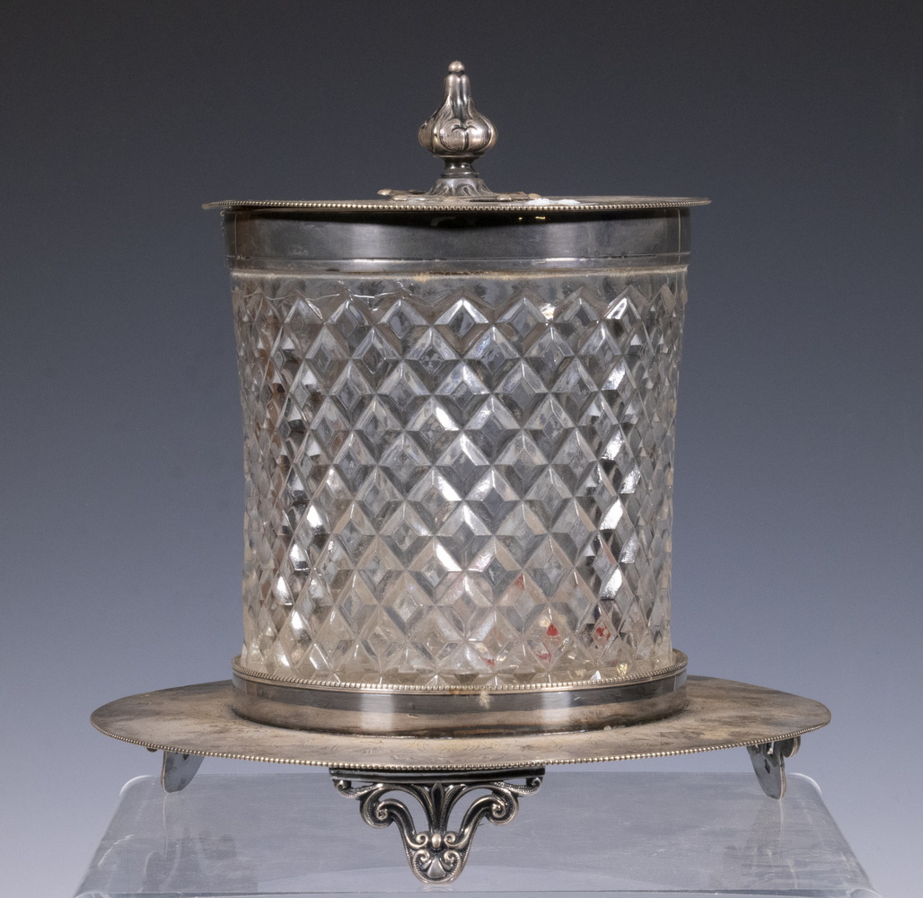 SILVER-PLATE AND CRYSTAL BISCUIT BARREL