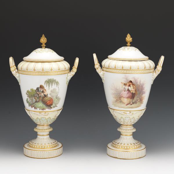 PAIR OF KPM LIDDED URNS, 19TH CENTURY