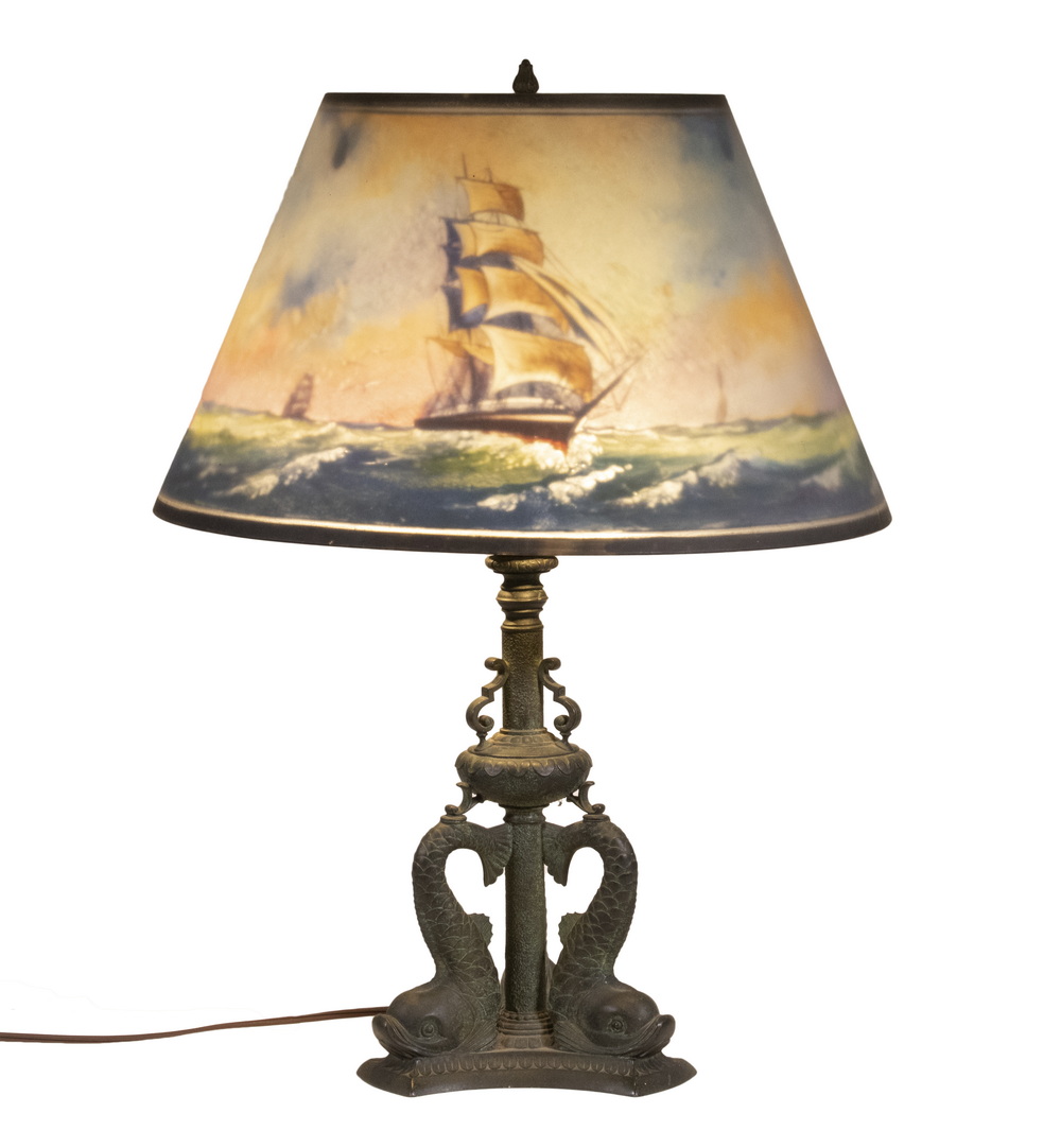 PAIRPOINT DOLPHIN LAMP WITH PAINTED 2b299b