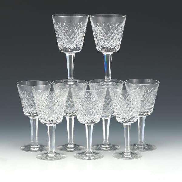 NINE WATERFORD CRYSTAL CLARET WINE GLASSES,