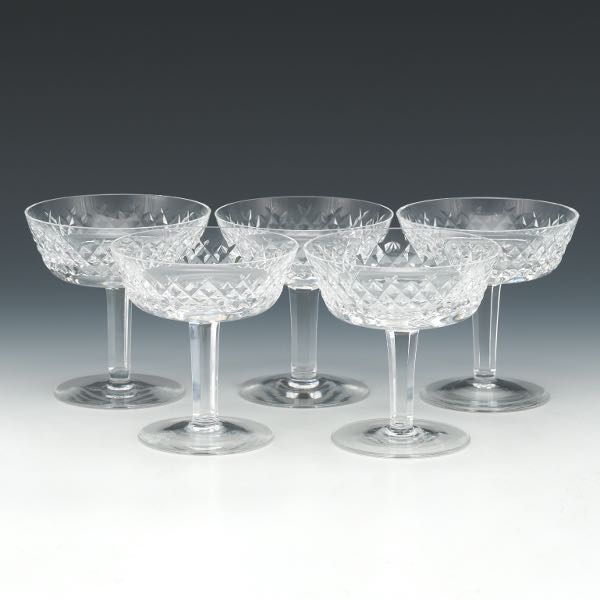 FIVE WATERFORD CRYSTAL CHAMPAGNE COUPS/TALL