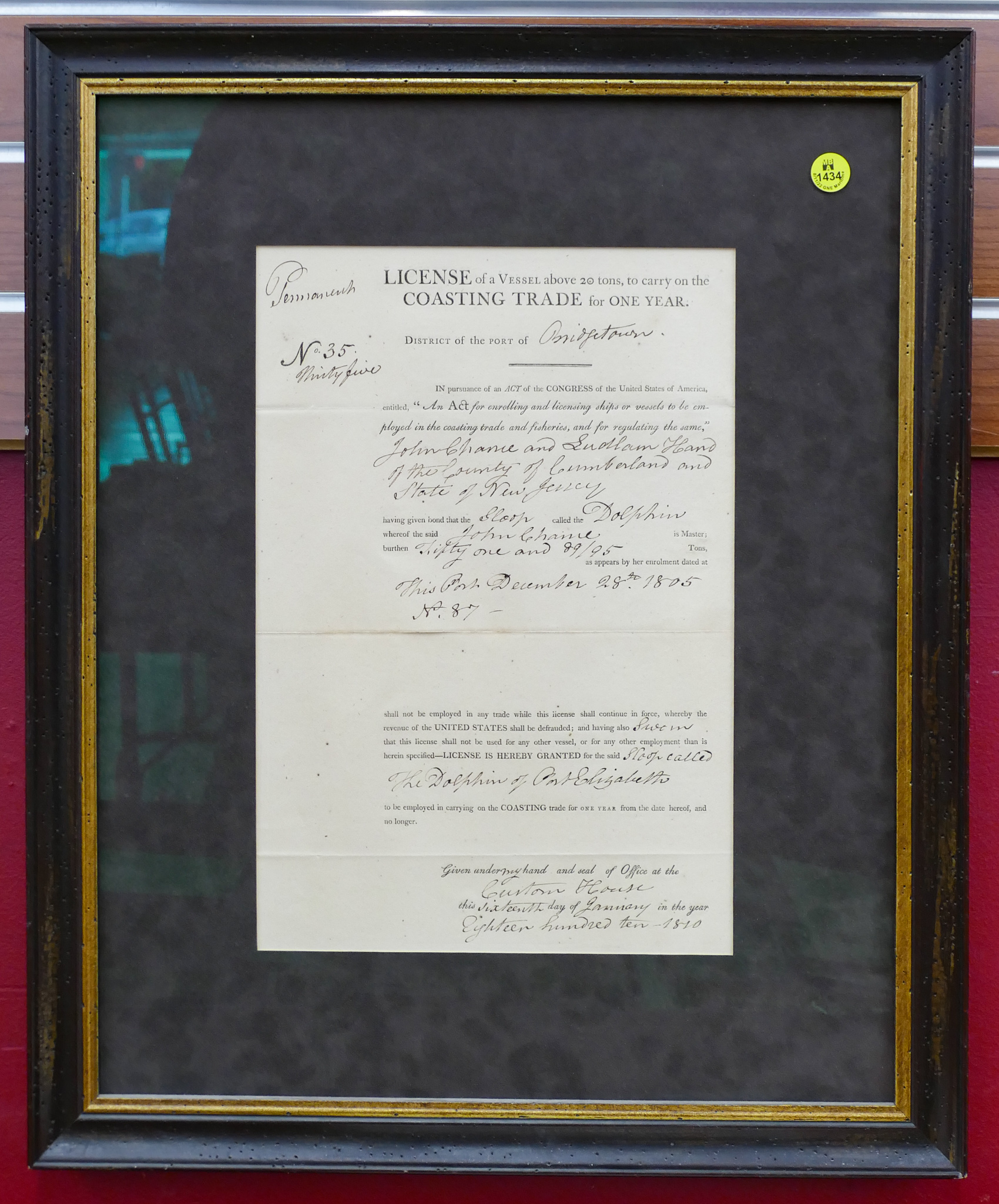 1810 US Shipping License Framed