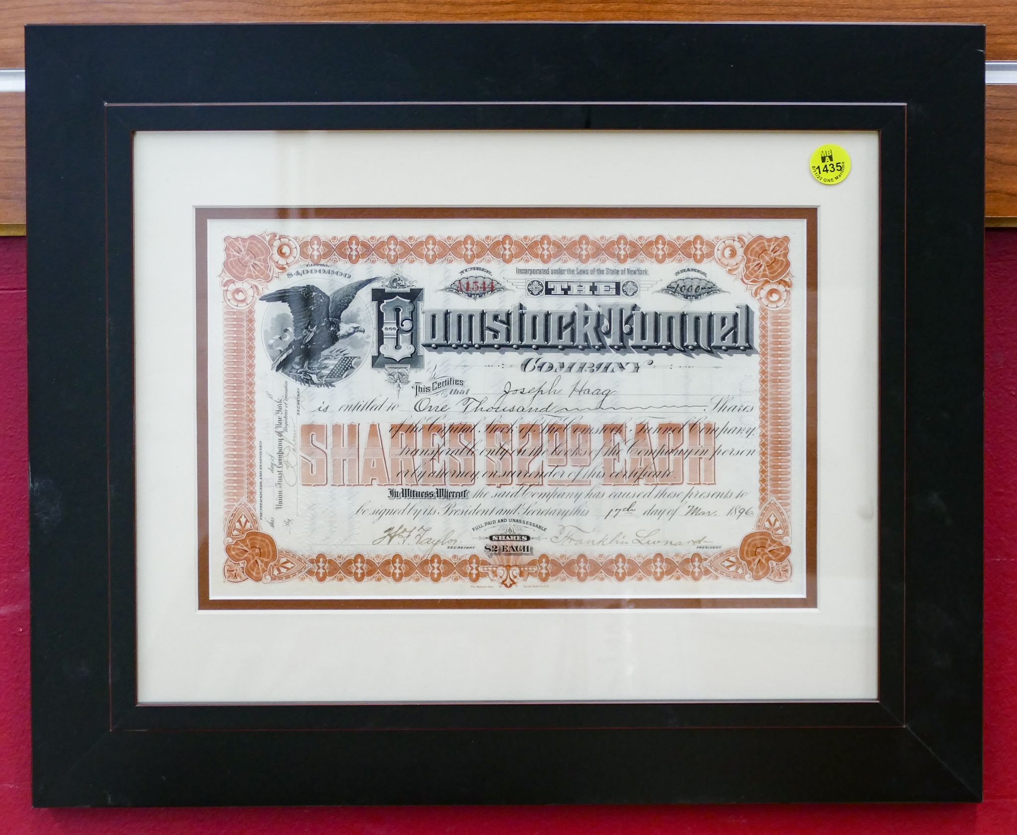 1896 Stock Certificiate Framed
