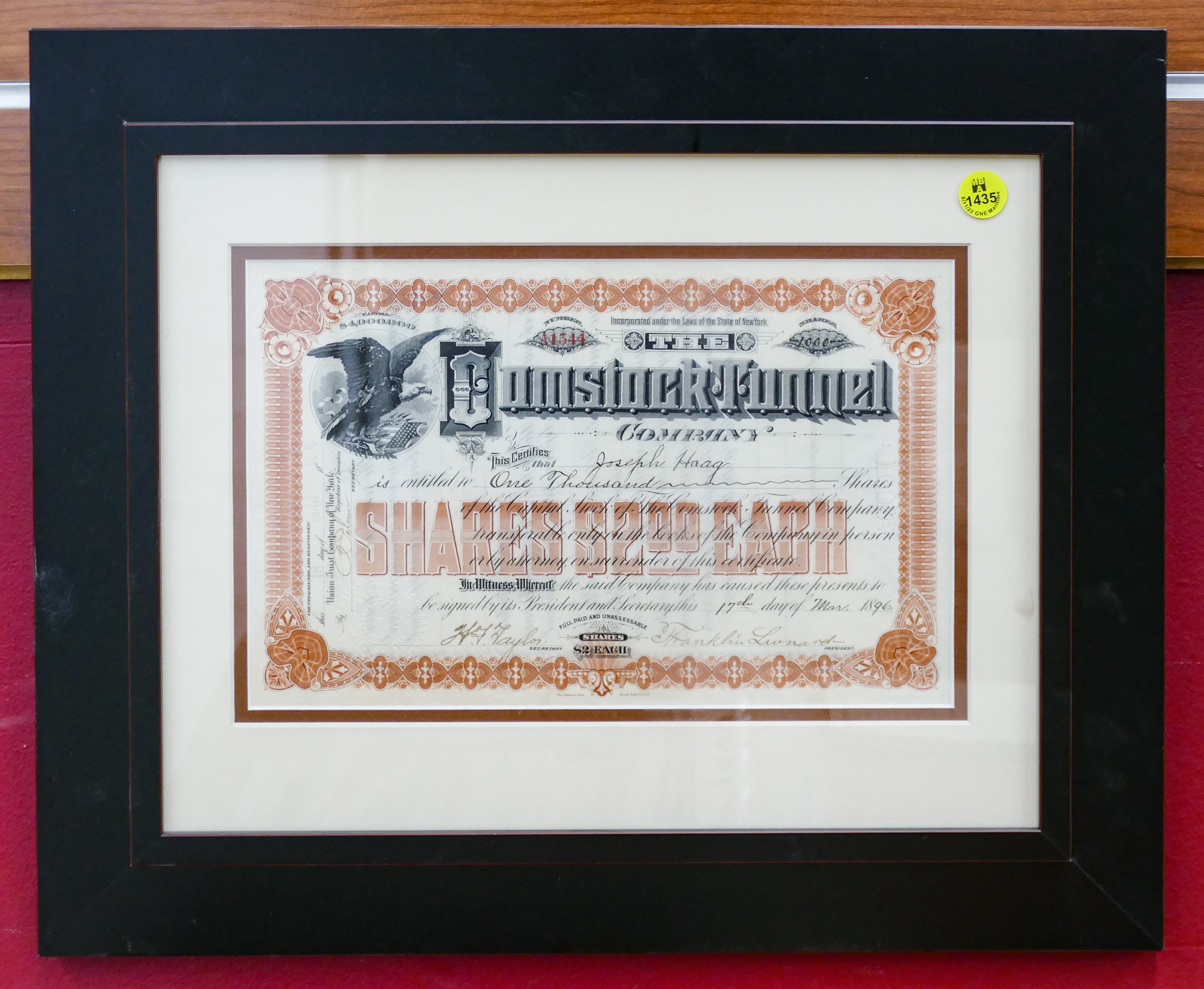 1896 Stock Certificiate Framed 15x18