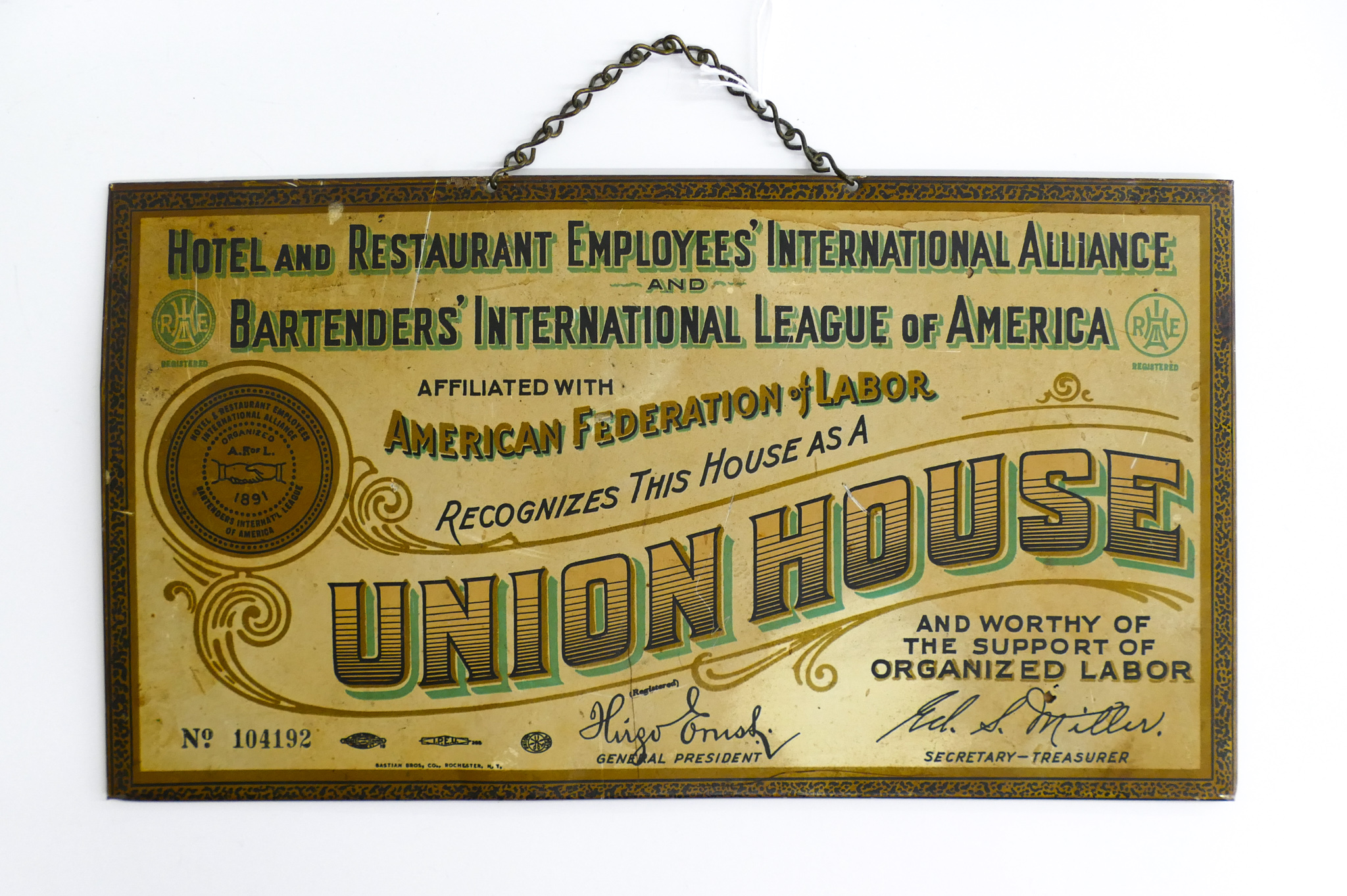 Antique Union House Tin Labor Sign