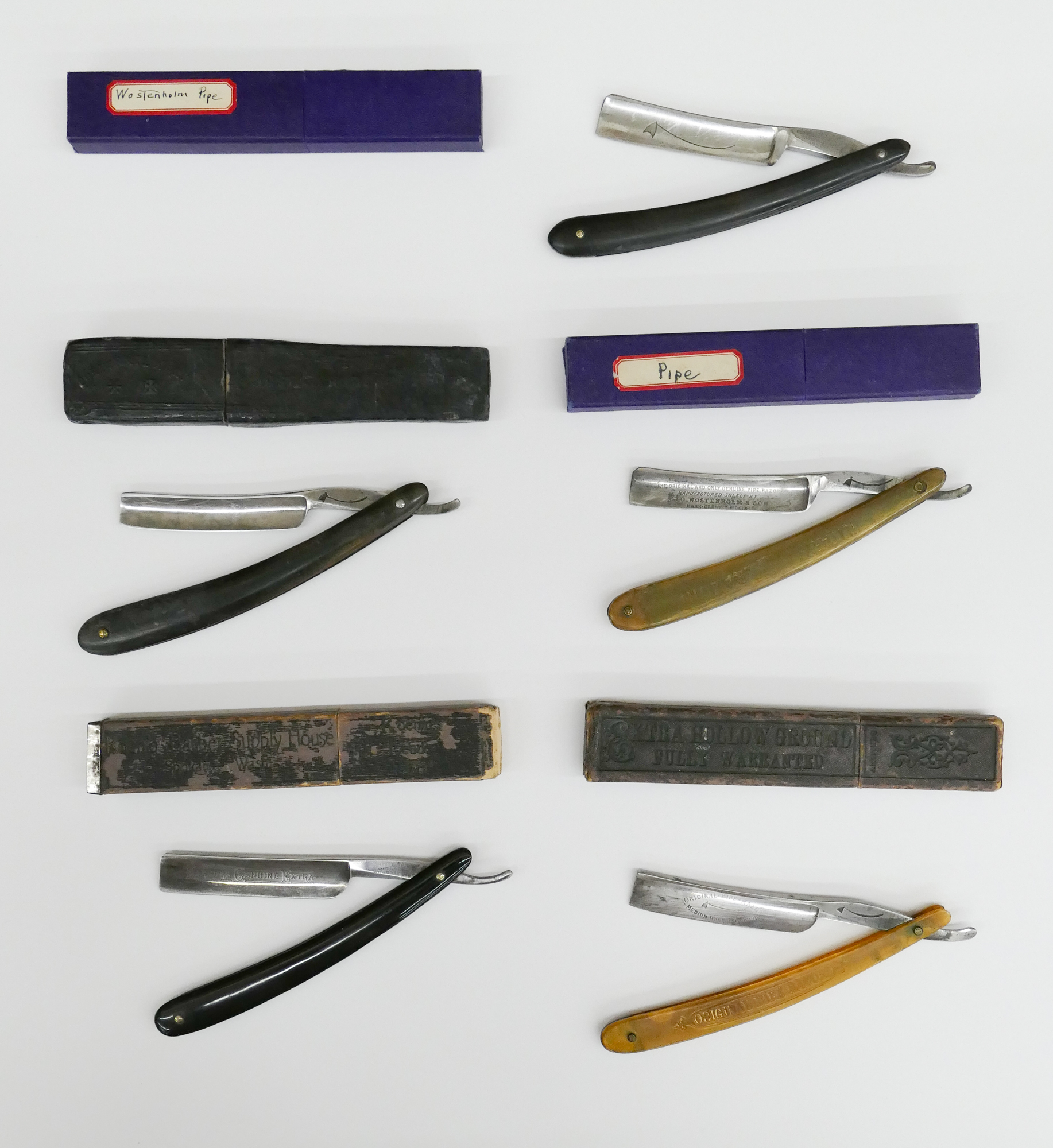 Tray  5pc Antique Straight Razors. Includes