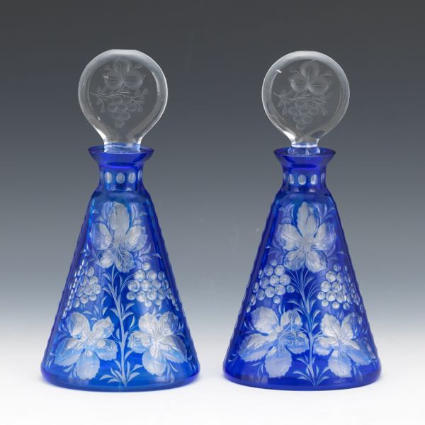 BLUE CUT TO CLEAR PAIR OF DECANTERS