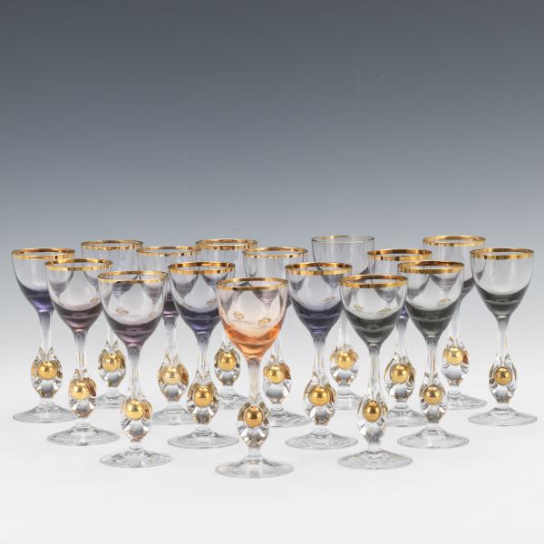  STEMMED CRYSTAL AND GILT CORDIALS,