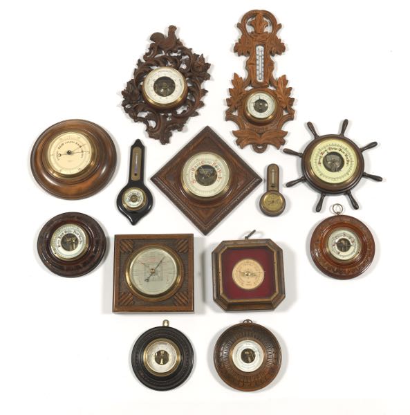 13 WOOD CASED ANEROID TYPE BAROMETERS