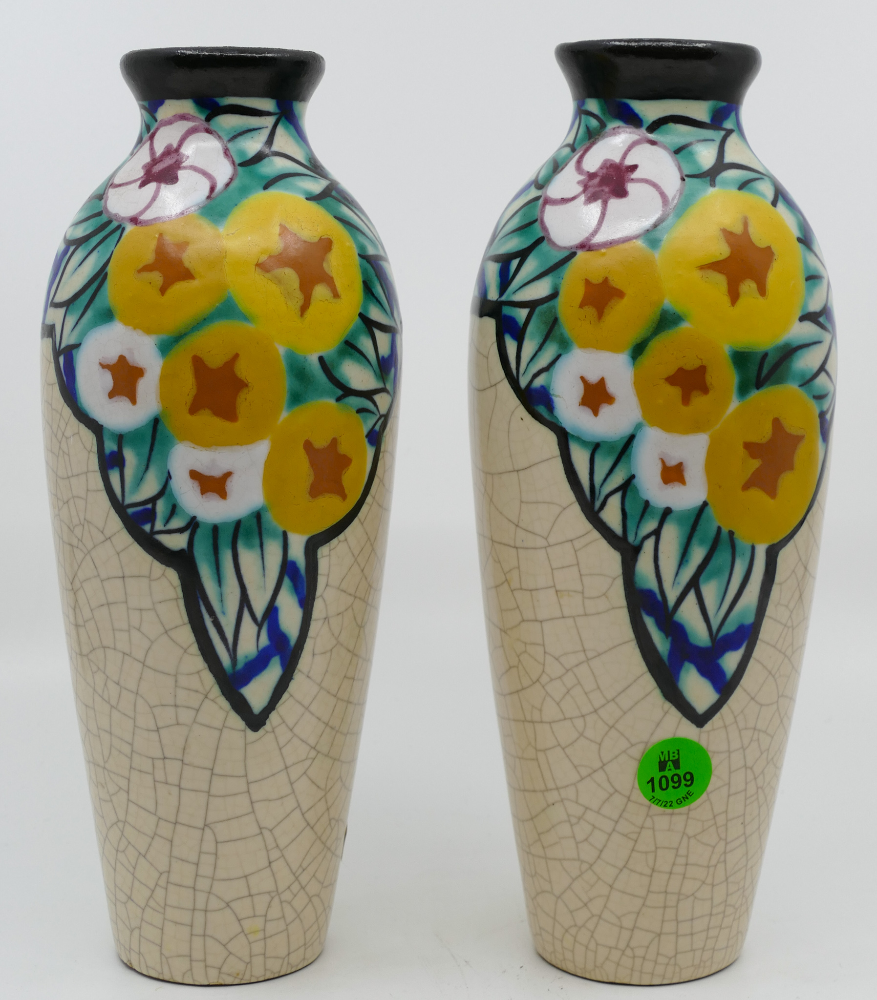 Pair French Art Deco Floral Pottery