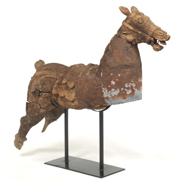 CARVED WOOD HORSE SCULPTURE ON IRON