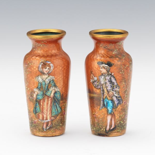 PAIR OF LIMOGES ENAMELED MINIATURE VASES