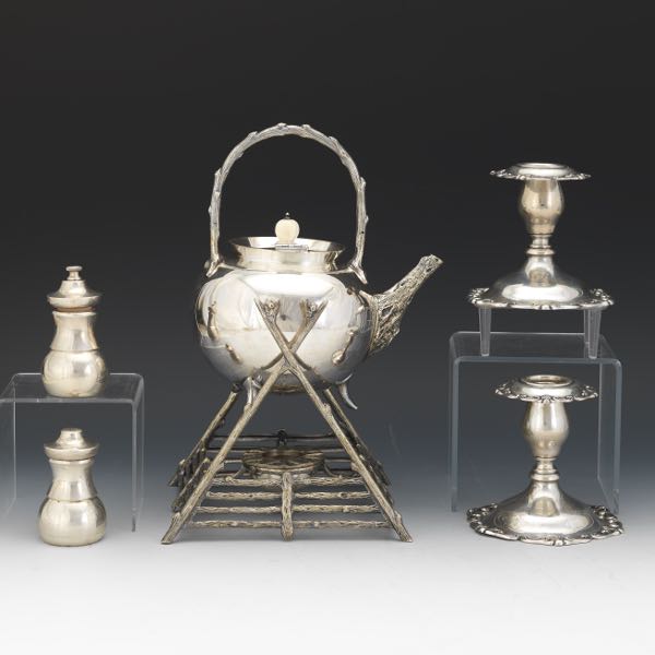 A GROUP OF SILVER PLATE AND STERLING 2b128a