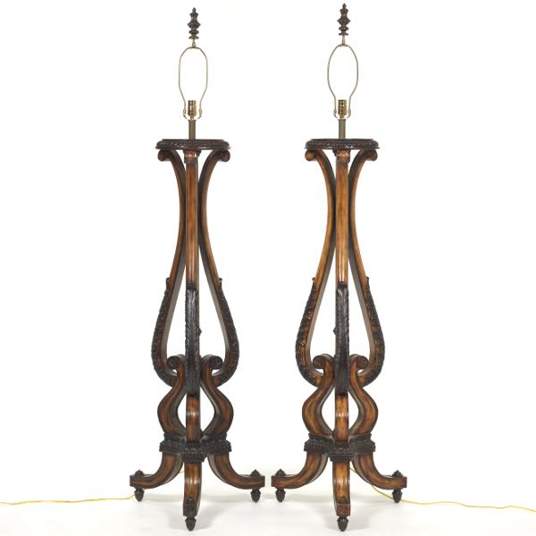 PAIR OF TORCHIERES WITH SILK SHADES