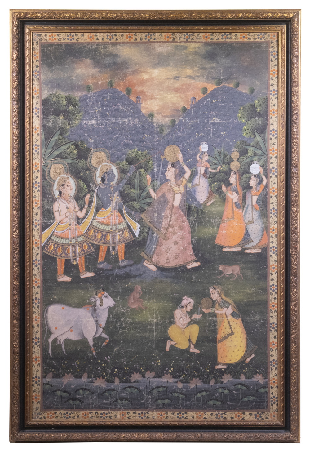 FRAMED INDIAN THANGKA WITH COW
