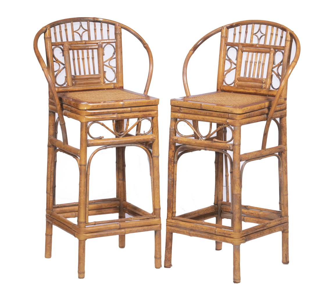 PAIR OF CANE AND BAMBOO BAR STOOLS