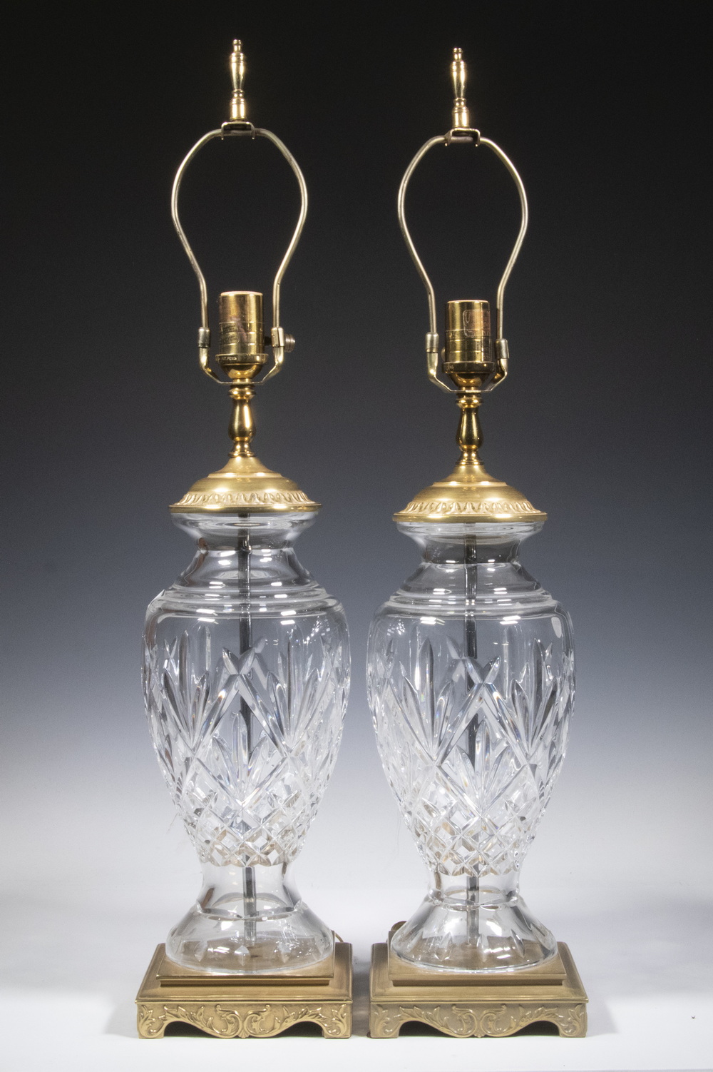 PR WATERFORD CRYSTAL LAMPS Pair of Brass