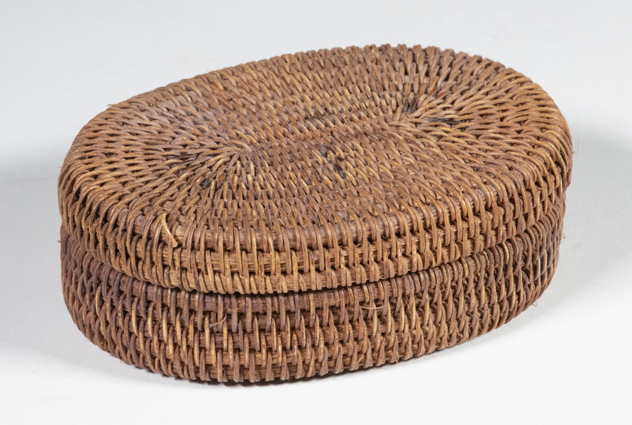 FINELY WOVEN OVAL COVERED BASKETRY BOX