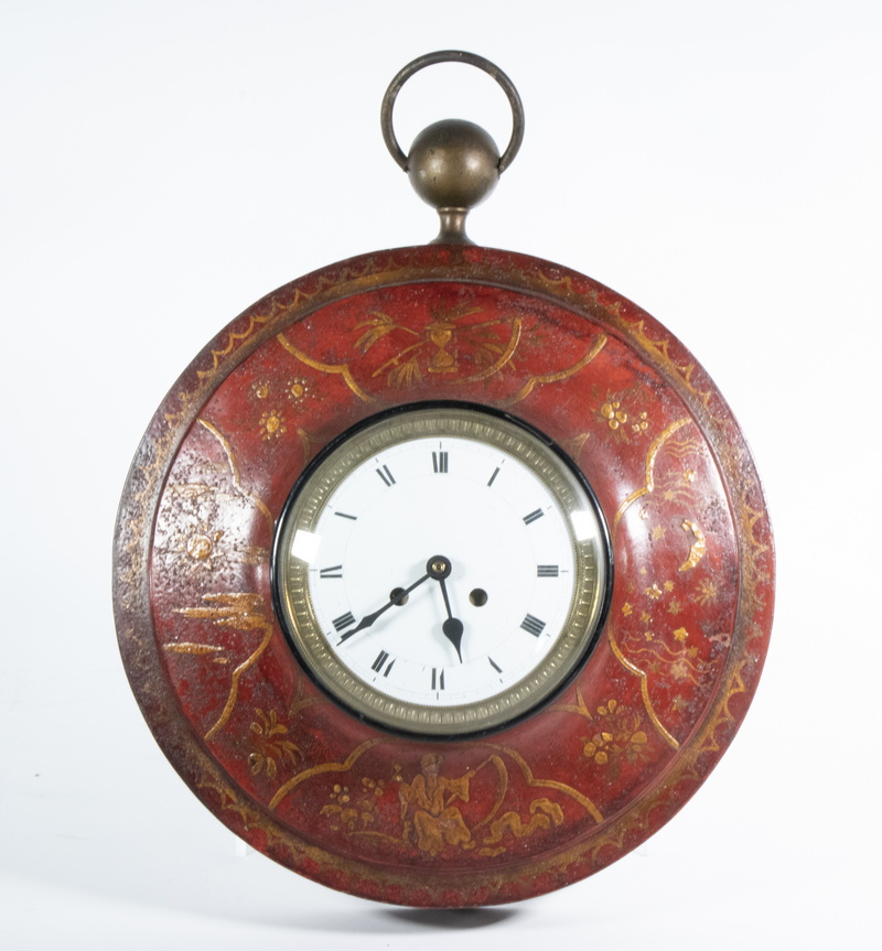 TOLE PAINTED ROUND WALL CLOCK 19th 2b4551