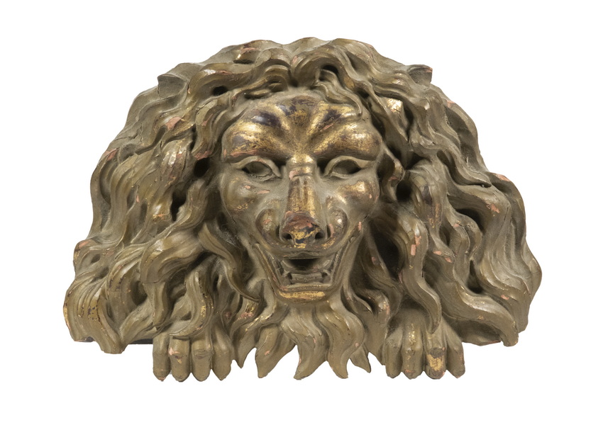 18TH C. GILT CARVED LION HEAD PLAQUE,