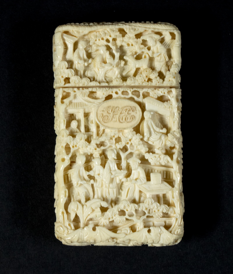 19TH C CARVED IVORY FIGURAL CALLING 2b48c9