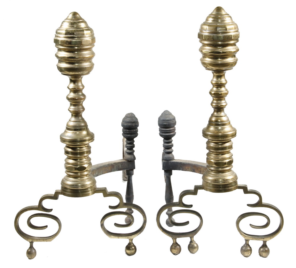 EARLY 19TH C BRASS ANDIRONS Pair