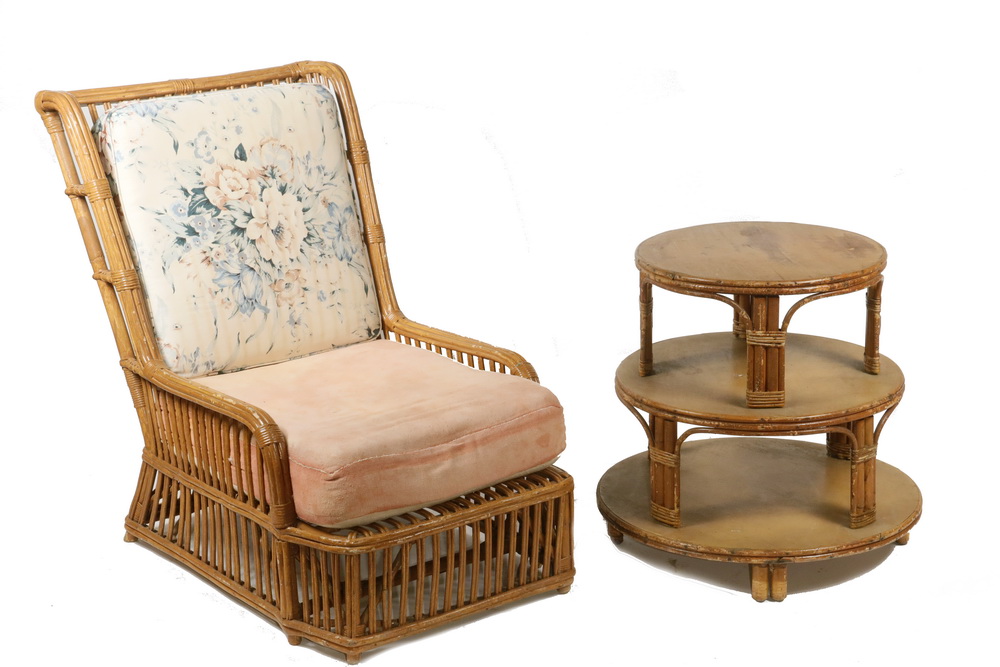 1930S RATTAN WINGCHAIR AND THREE-TIER