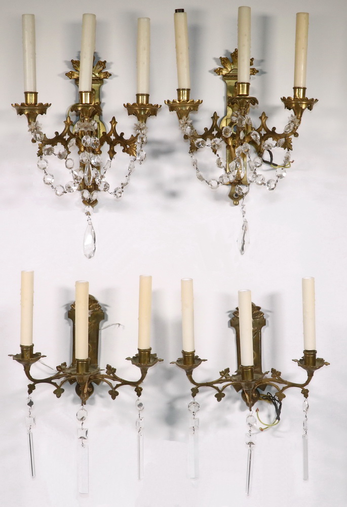  2 PR BRASS THREE ARM SCONCES 2b5198