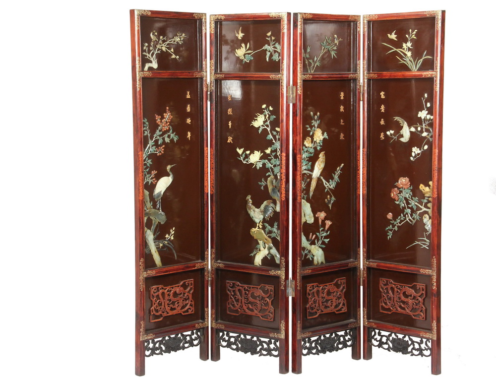 FOUR-FOLD CHINESE LACQUER & HARDSTONE