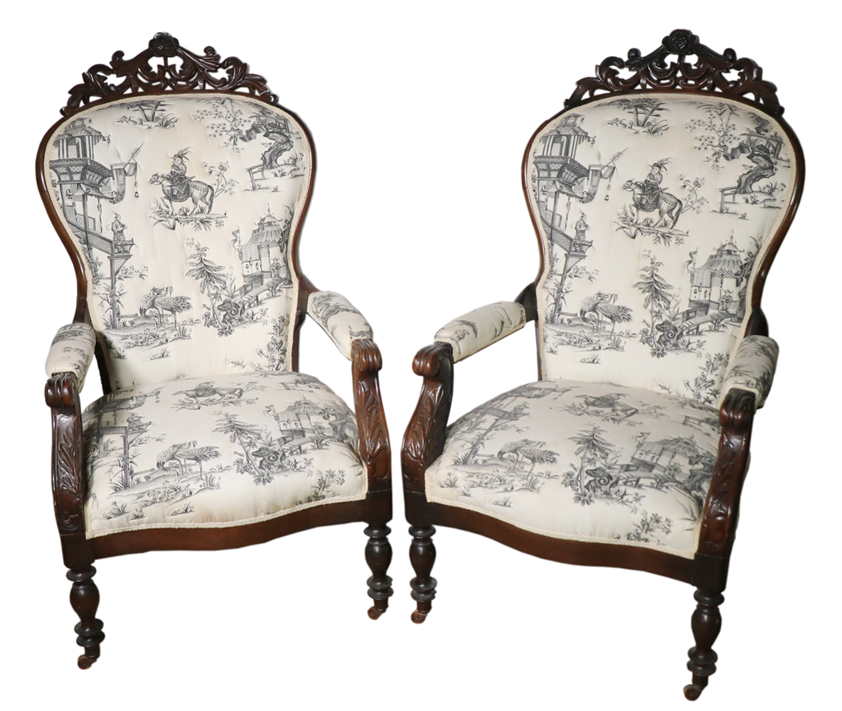 PR OF ARMCHAIRS Pair 19th c. carved