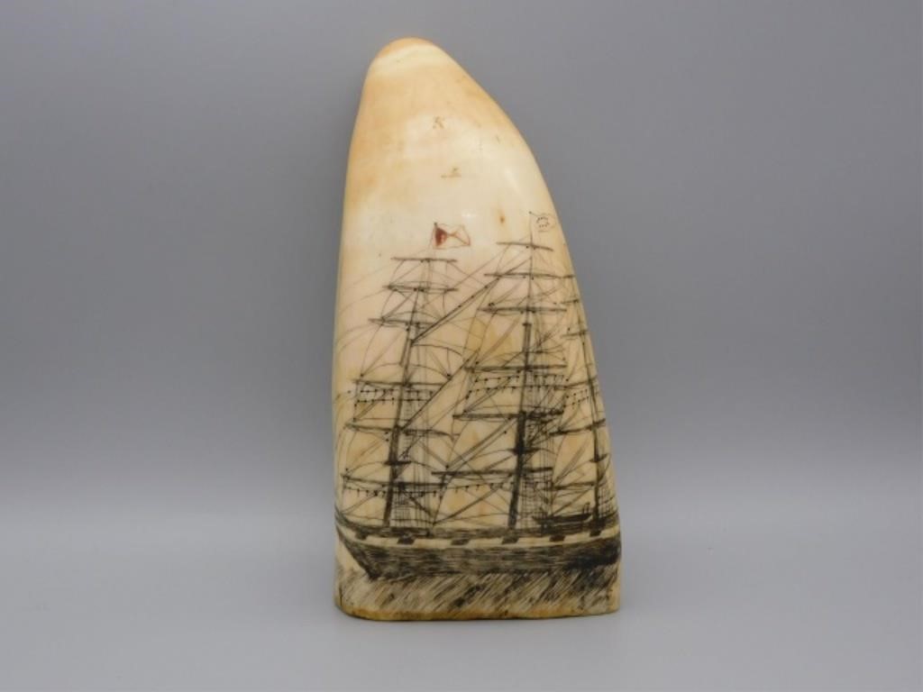 SCRIMSHAW WHALE'S TOOTH, 19TH C.