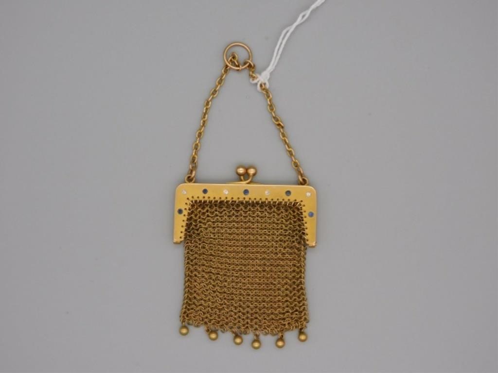 EVENING BAG 14KT GOLD MESH, INSET WITH