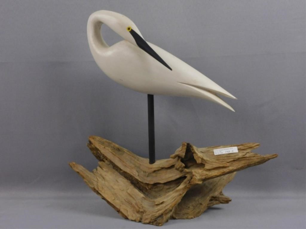 SNOWY EGRET DECOY, STAMPED JAMIE