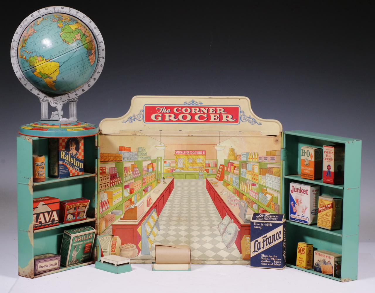 (2) TIN LITHO TOYS - GLOBE & CORNER